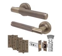 EAI Antique Brass Door Handles Fir with Latch, 1 Pack - Oruro | Complete Fir Latch Kit: 1 Pair of Door Handles, 76mm Latch, 102mm Hinges, Intumescents, Fixings Included