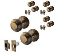 EAI Antique Brass Door Knobs with Latch 76mm, 4 Pack - Beehive | Complete Latch Kit with 4 Pairs of Beehive Mortice 55mm Door Knobs for Internal Doors, 76mm Latches, Fixings Included