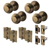 EAI Antique Brass Door Knobs with Latch 76mm and Hinges, 2 Pack - Beehive | Complete Latch Kit with 2 Pairs of Beehive Mortice 55mm Door Knobs, 76mm Latches, 76mm Hinges, Fixings Included