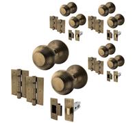 EAI Antique Brass Door Knobs with Latch 76mm and Hinges, 4 Pack - Beehive | Complete Latch Kit with 4 Pairs of Beehive Mortice 55mm Door Knobs, 76mm Latches, 76mm Hinges, Fixings Included
