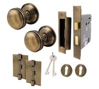EAI Antique Brass Door Knobs with Sash Lock 80mm and Hinges, 1 Pack - Lined | Complete Sash Lock Kit with 1 Pair of Lined Mortice 55mm Door Knobs, 80mm Sash Lock, 76mm Hinges, Fixings Included