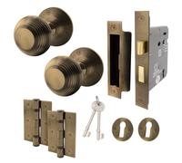 EAI Antique Brass Door Knobs with Sash Lock 80mm and Hinges - Beehive | Complete Sash Lock Kit with 1 Pair of Beehive Mortice 55mm Door Knobs, 80mm Sash Lock, 76mm Hinges, Fixings Included