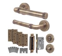 EAI Antique Brass Fire Door Handle Bathroom Set, Internal Fire Rated Door Handle with 80mm Bathroom Lock and 102mm Hinges, Santo Range 1 Pack