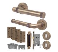 EAI Antique Brass Fire Door Handle Key Lock Set, Internal Fire Rated Door Handle with 80mm Lock and 102mm Hinges, Santo Range 1 Pack