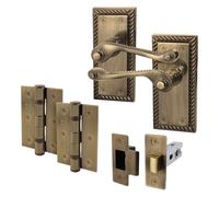 EAI Antique Brass Georgian Scroll Door Handle Latch Set - 1 Pair Internal Handles, Hinges (76mm) & Latch (64mm) - Rope Design