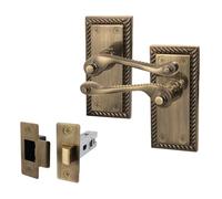 EAI Antique Brass Georgian Scroll Door Handle Latch Set - 1 Pair Internal Lever Latch Handles & Latch (64mm) - Rope Design