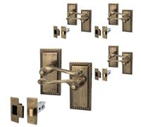EAI Antique Brass Georgian Scroll Door Handle Latch Set - 4 Pairs Internal Lever Latch Handles & Latch (64mm) - Rope Design