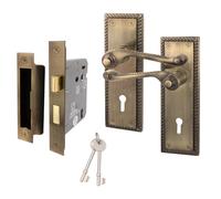 EAI Antique Brass Georgian Scroll Door Handle With Lock Set - 1 Pair Internal Lever Handles, 64mm & Keys - Rope Design