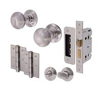 EAI Beehive Bathroom Door Knob Set Satin Chrome | 1 Pair of Reeded Mortice Knobs (55mm), Lock (80mm) & Hinges (76mm) for Internal Doors