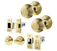 EAI Beehive Door Knob Set Polished Brass | 1 Pair of Reeded Mortice Knobs (55mm), Latch & Deadbolt Kit (76mm) & Turn & Release for Internal Doors