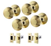 EAI Beehive Door Knob Set Polished Brass | 2 Pairs of Reeded Mortice Knobs (55mm) & Latch (76mm) for Internal Doors