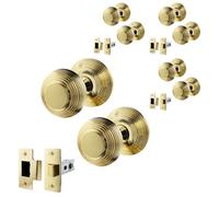 EAI Beehive Door Knob Set Polished Brass | 4 Pairs of Reeded Mortice Knobs (55mm) & Latch (76mm) for Internal Doors