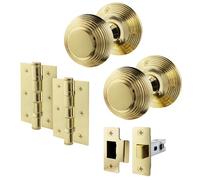 EAI Beehive Door Knob Set Polished Brass | 4 Pairs of Reeded Mortice Knobs (55mm), Latch (76mm) & Hinges (76mm) for Internal Doors