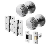 EAI Beehive Door Knob Set Polished Chrome | 1 Pair of Reeded Mortice Knobs (55mm), Latch (76mm) & Hinges (76mm) for Internal Doors