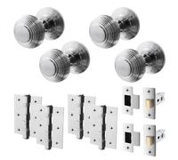 EAI Beehive Door Knob Set Polished Chrome | 2 Pairs of Reeded Mortice Knobs (55mm), Latch (76mm) & Hinges (76mm) for Internal Doors