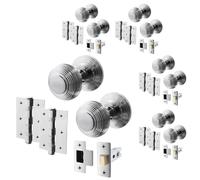 EAI Beehive Door Knob Set Polished Chrome | 4 Pairs of Reeded Mortice Knobs (55mm), Latch (76mm) & Hinges (76mm) for Internal Doors