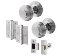 EAI Beehive Door Knob Set Satin Chrome | 1 Pair of Reeded Mortice Knobs (55mm), Latch (76mm) & Hinges (76mm) for Internal Doors