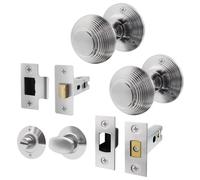 EAI Beehive Door Knob Set Satin Chrome | 1 Pair of Reeded Mortice Knobs (55mm), Latch & Deadbolt Kit (76mm) & Turn & Release for Internal Doors