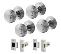EAI Beehive Door Knob Set Satin Chrome | 2 Pairs of Reeded Mortice Knobs (55mm) & Latch (76mm) for Internal Doors