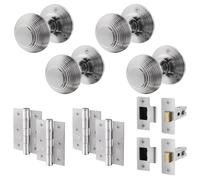 EAI Beehive Door Knob Set Satin Chrome | 2 Pairs of Reeded Mortice Knobs (55mm), Latch (76mm) & Hinges (76mm) for Internal Doors