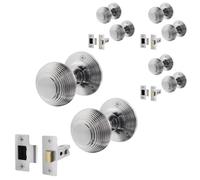 EAI Beehive Door Knob Set Satin Chrome | 4 Pairs of Reeded Mortice Knobs (55mm) & Latch (76mm) for Internal Doors