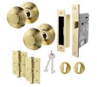EAI Beehive Key Lock Door Knob Set Polished Brass | 1 Pair of Reeded Mortice Knobs (55mm), Sash Lock (80mm) & Hinges (76mm) for Internal Doors