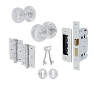 EAI Beehive Key Lock Door Knob Set Polished Chrome | 1 Pair of Reeded Mortice Knobs (55mm), Sash Lock (80mm) & Hinges (76mm) for Internal Doors