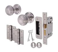 EAI Beehive Key Lock Door Knob Set Satin Chrome | 1 Pair of Reeded Mortice Knobs (55mm), Sash Lock (80mm) & Hinges (76mm) for Internal Doors