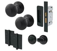 EAI Beehive Reeded Black Bathroom Door Knob Set | 1 Pair of Matt Black Mortice Knobs (55mm), Lock (80mm) & Hinges (76mm) for Internal Doors