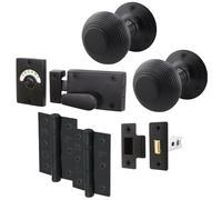 EAI Beehive Reeded Black Door Knob Set | 1 Pair of Matt Black Mortice Knobs (55mm), Latch (76mm), Hinges (76mm) & Indicator Bolt for Internal Doors