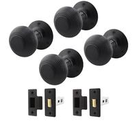 EAI Beehive Reeded Black Door Knob Set | 2 Pairs of Matt Black Mortice Knobs (55mm) & Latch (76mm) for Internal Doors
