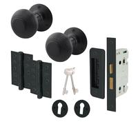 EAI Beehive Reeded Black Key Lock Door Knob Set | 1 Pair of Matt Black Mortice Knobs (55mm), Sash Lock (80mm) & Hinges (76mm) for Internal Doors
