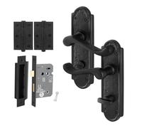 EAI Black Antique Door Handles Bathroom, 1 Pair of Cast Iron Scroll Backplate Internal Handles, Lock 80mm, Hinges, Alton Range