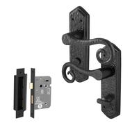 EAI Black Antique Door Handles Bathroom Kit, 1 Pair of Cast Iron Curly Tail Internal Door Handles on Backplate and Lock 64mm