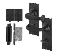 EAI Black Antique Door Handles Bathroom Kit, 1 Pair of Cast Iron Internal Rustic Handles, Lock 64mm, Hinges, Chard Range