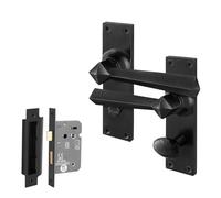 EAI Black Antique Door Handles Bathroom Kit, 1 Pair of Rustic Cast Iron Internal Handles on Backplate, Lock 64mm, Tudor Range
