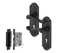 EAI Black Antique Door Handles Key Lock, 1 Pair of Cast Iron Scroll Backplate Internal Handles, Lock 64mm, Hinges Alton Range