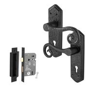 EAI Black Antique Door Handles Key Lock Kit, 1 Pair of Cast Iron Curly Tail Door Handles on Backplate Internal and Lock 64mm