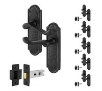 EAI Black Antique Door Handles Latch, 6 Pairs of Cast Iron Scroll Shaped Backplate Internal Handles and Latch 64mm, Alton