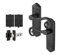 EAI Black Antique Door Handles Latch Kit, 1 Pair of Cast Iron Curly Tail Internal Door Handles, Latch 64mm and Hinges