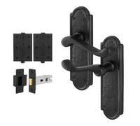 EAI Black Antique Door Handles Latch Kit, 1 Pair of Cast Iron Scroll Shaped Internal Handles, Latch 64mm, Hinges, Alton Range