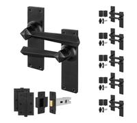 EAI Black Antique Door Handles Latch Kit, 6 Pairs of Rustic Cast Iron Internal Door Handles, Latch 64mm, Hinges, Tudor Range