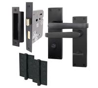 EAI Black Bathroom Door Handle Set | 1 Pair Bathroom Handles on Backplate with Lock 64mm & Hinges 76mm | Straight Pattern