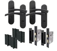 EAI Black Bathroom Door Handle Set - 2 Pairs Matt Black Bathroom Handles on Backplate with Lock 64mm & Hinges 76mm - Novoli Range