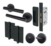 EAI Black Bathroom Door Handle Set | Round T-Bar Internal Door Handles, Thumb Turn & Release Set, Lock & Hinges (76mm) | Matt Black Oliena Range