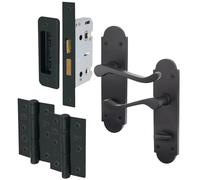 EAI Black Bathroom Door Handle Set - Victorian Scroll Shaped | 1 Pair of Internal Matt Black Lever Handles on Backplate with Hinges (76mm) & Lock (80mm)