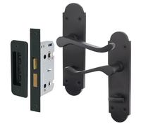 EAI Black Bathroom Door Handle Set - Victorian Scroll Shaped | 1 Pair of Internal Matt Black Lever Handles on Backplate with Lock (64mm)