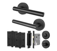 EAI Black Bathroom Door Handles with Lock Set, 1 Pair of Internal Matt T-Bar Round Rose Door Handles, Lock 80mm, Hinges 64mm - Oliena Range