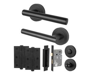EAI Black Bathroom Door Handles with Lock Set, 1 Pair of Internal Matt T-Bar Round Rose Door Handles, Lock 80mm, Hinges 64mm - Oliena Range