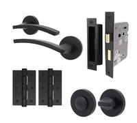EAI Black Door Handle Bathroom Set, Matt Black Internal Door Handle with 76mm Hinges and 64mm Bathroom Lock - 1 Pack Elson Range